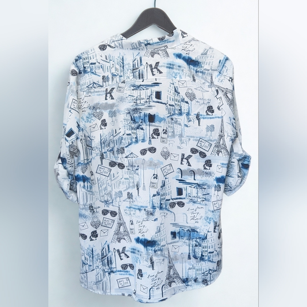 Karl Lagerfeld Blue White Graphic Button Up Shirt - Picture 2 of 4
